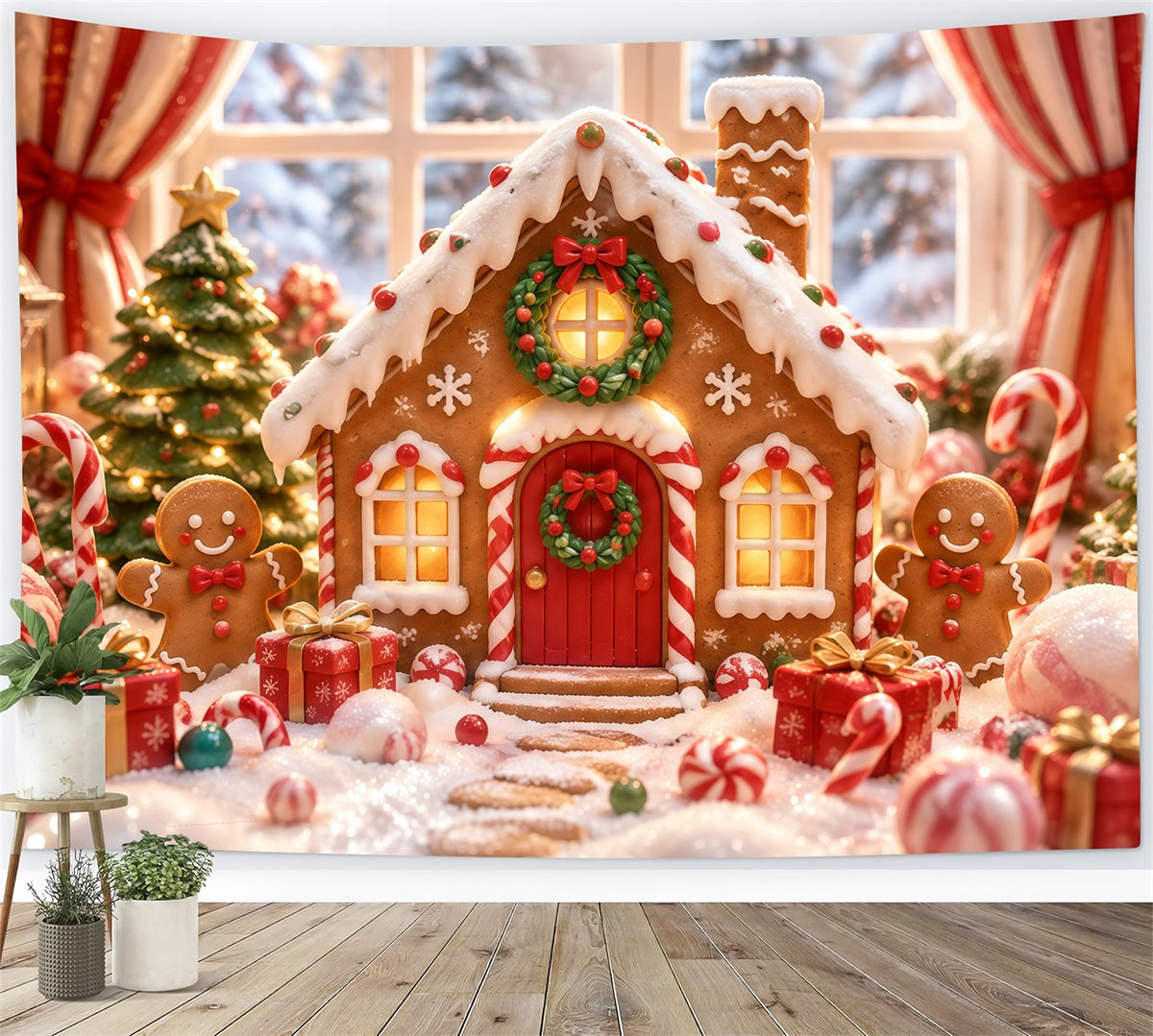 Gingerbread House Photo Backdrop Snow Candy Wonderland Christmas Photo Booth Backdrop RR610-142