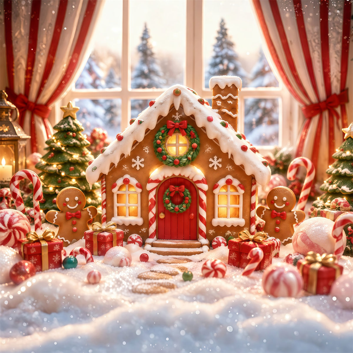 Gingerbread House Photo Backdrop Snow Candy Wonderland Christmas Photo Booth Backdrop RR610-142