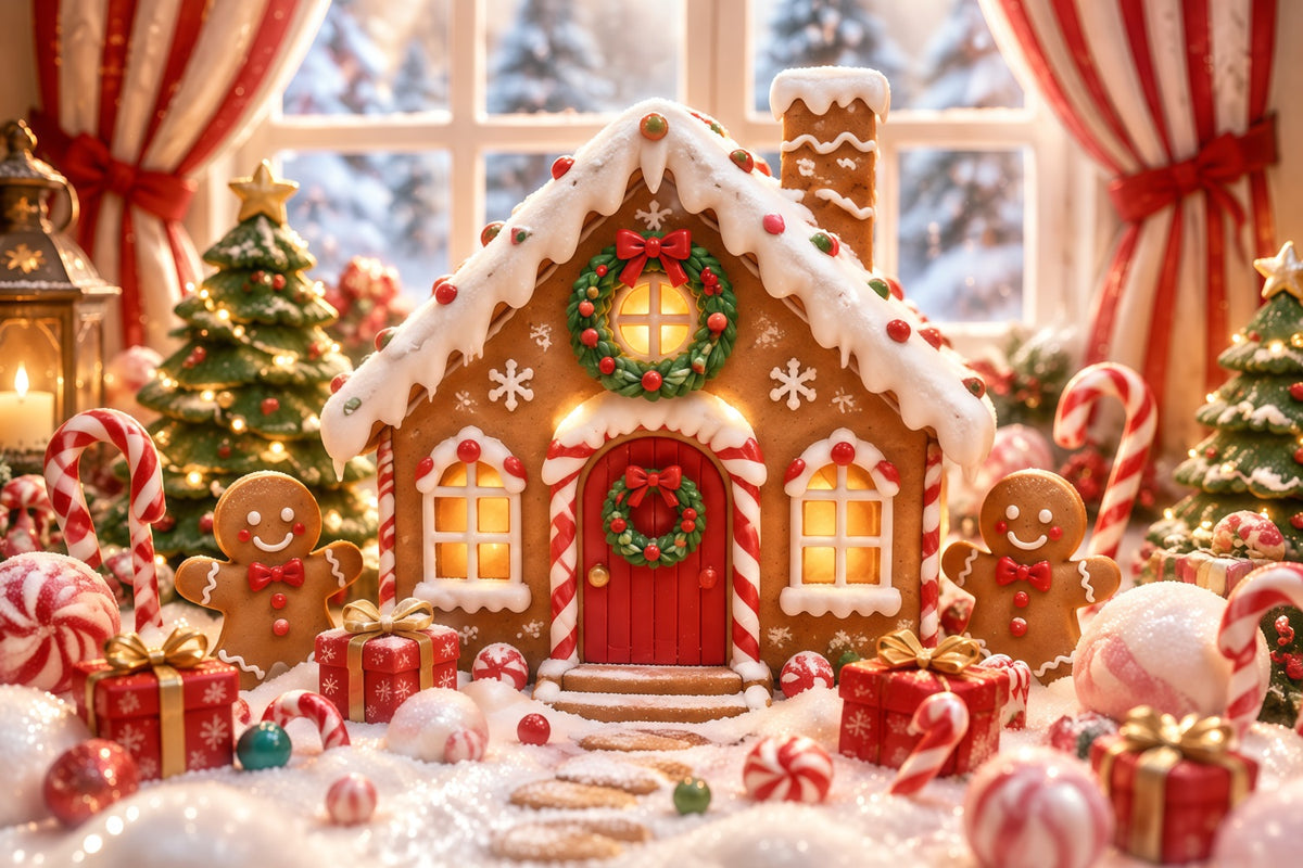 Gingerbread House Photo Backdrop Snow Candy Wonderland Christmas Photo Booth Backdrop RR610-142