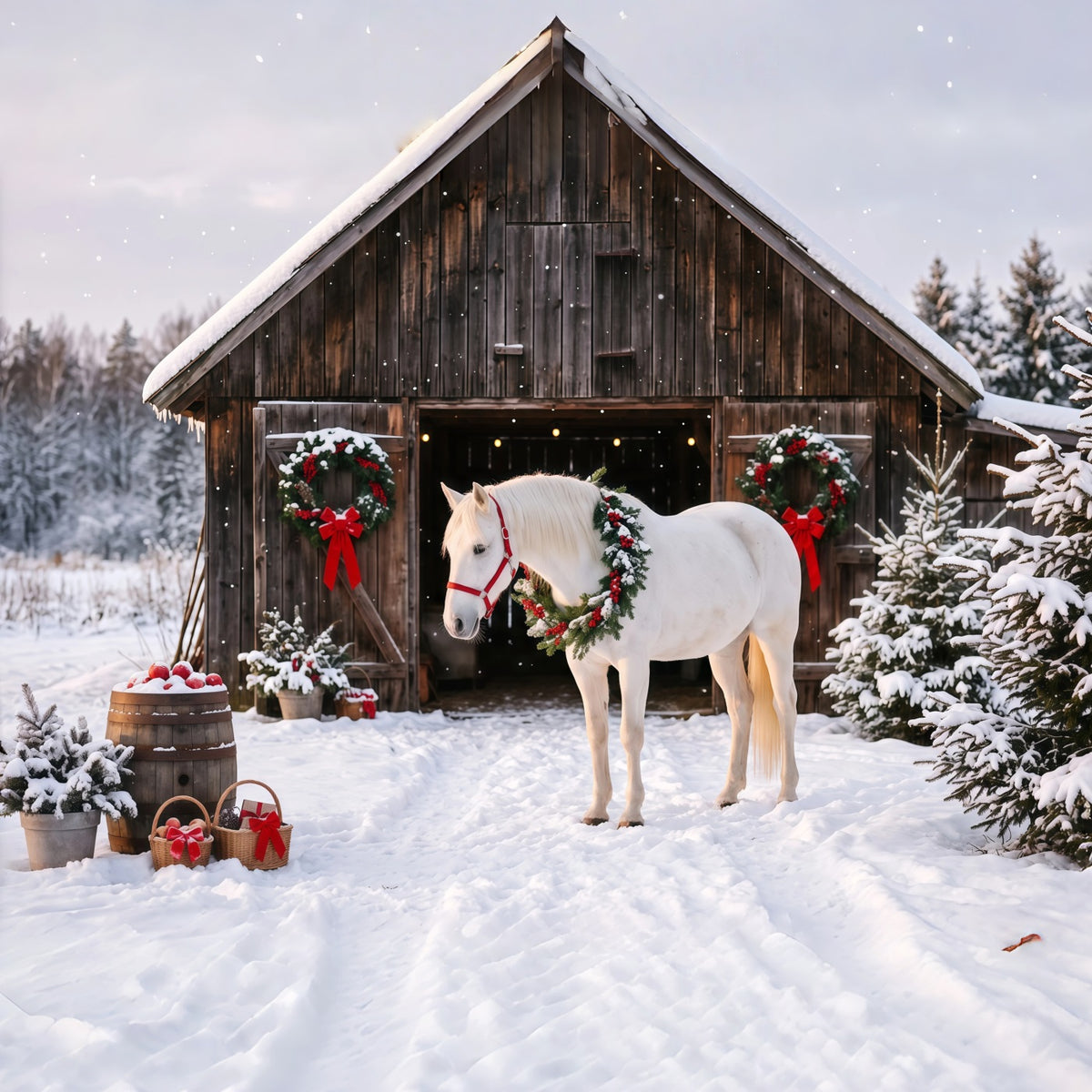 Western Christmas Backdrop White Horse Festive Barn Christmas Backdrop Photoshoot RR610-143