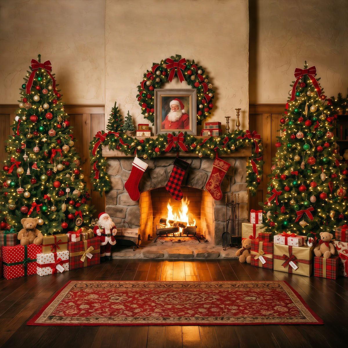 Santa Photo Backdrop Rustic Fireplace Stocking Display Christmas Village Backdrop Ideas RR610-144