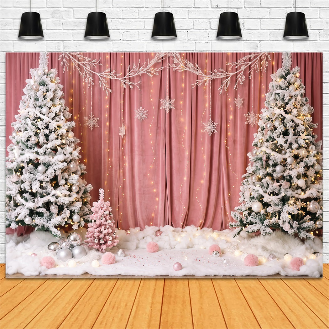 Winter Christmas Backdrop Pink Curtain Snowy Tree Christmas Theme Backdrops RR610-147
