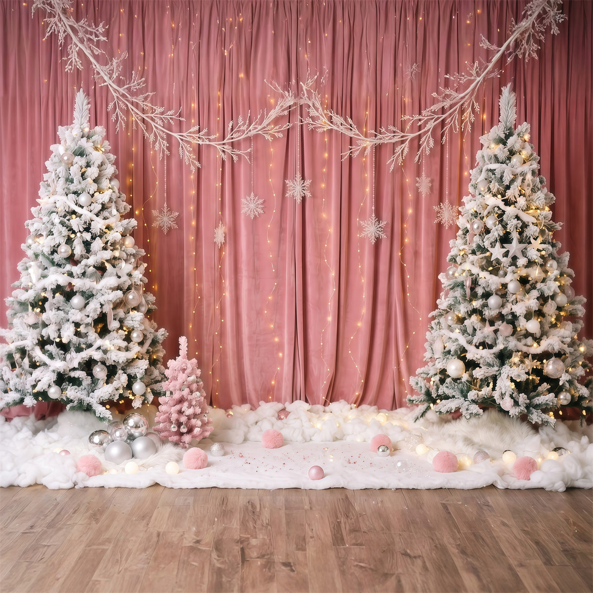 Winter Christmas Backdrop Pink Curtain Snowy Tree Christmas Theme Backdrops RR610-147