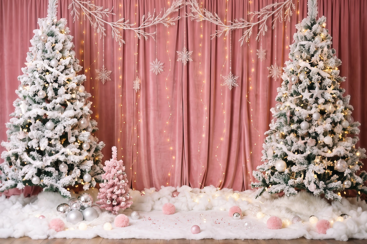 Winter Christmas Backdrop Pink Curtain Snowy Tree Christmas Theme Backdrops RR610-147
