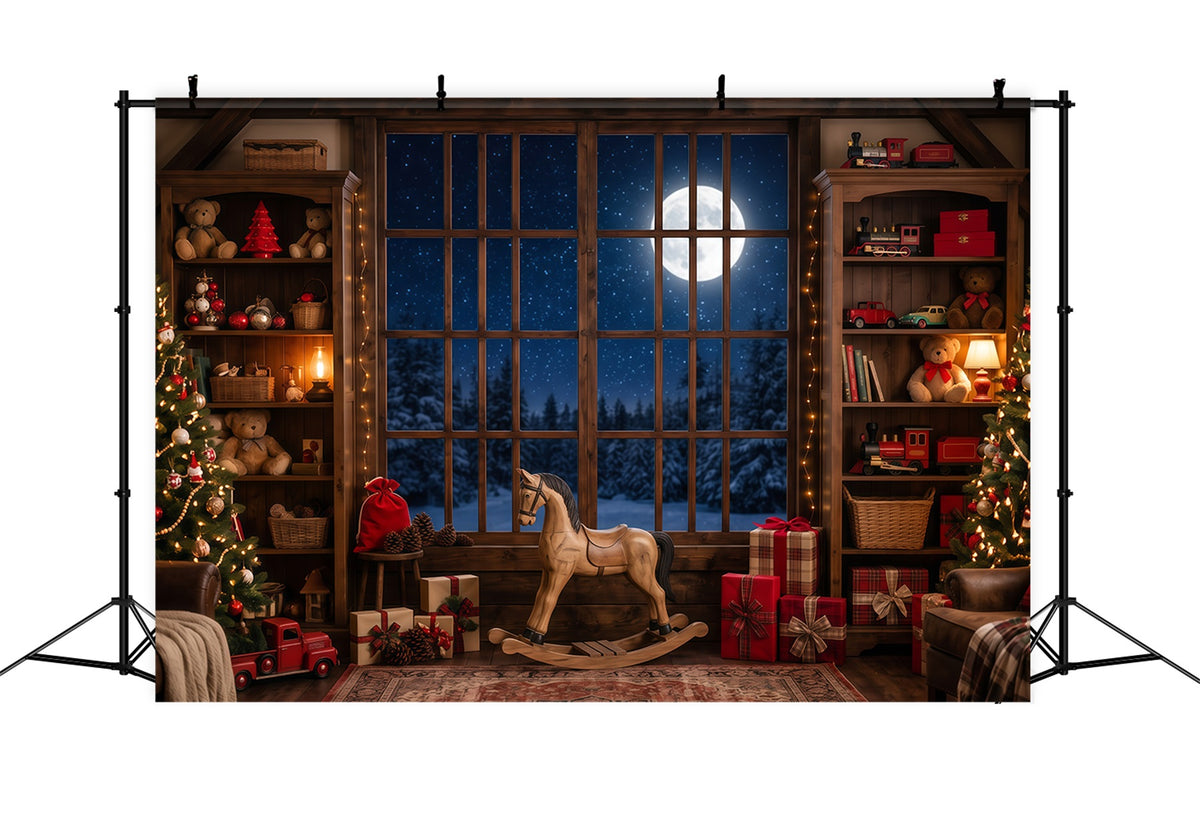 Santa Workshop Backdrop Moonlit Toyroom Window Display Xmas Backdrops Photography RR610-148