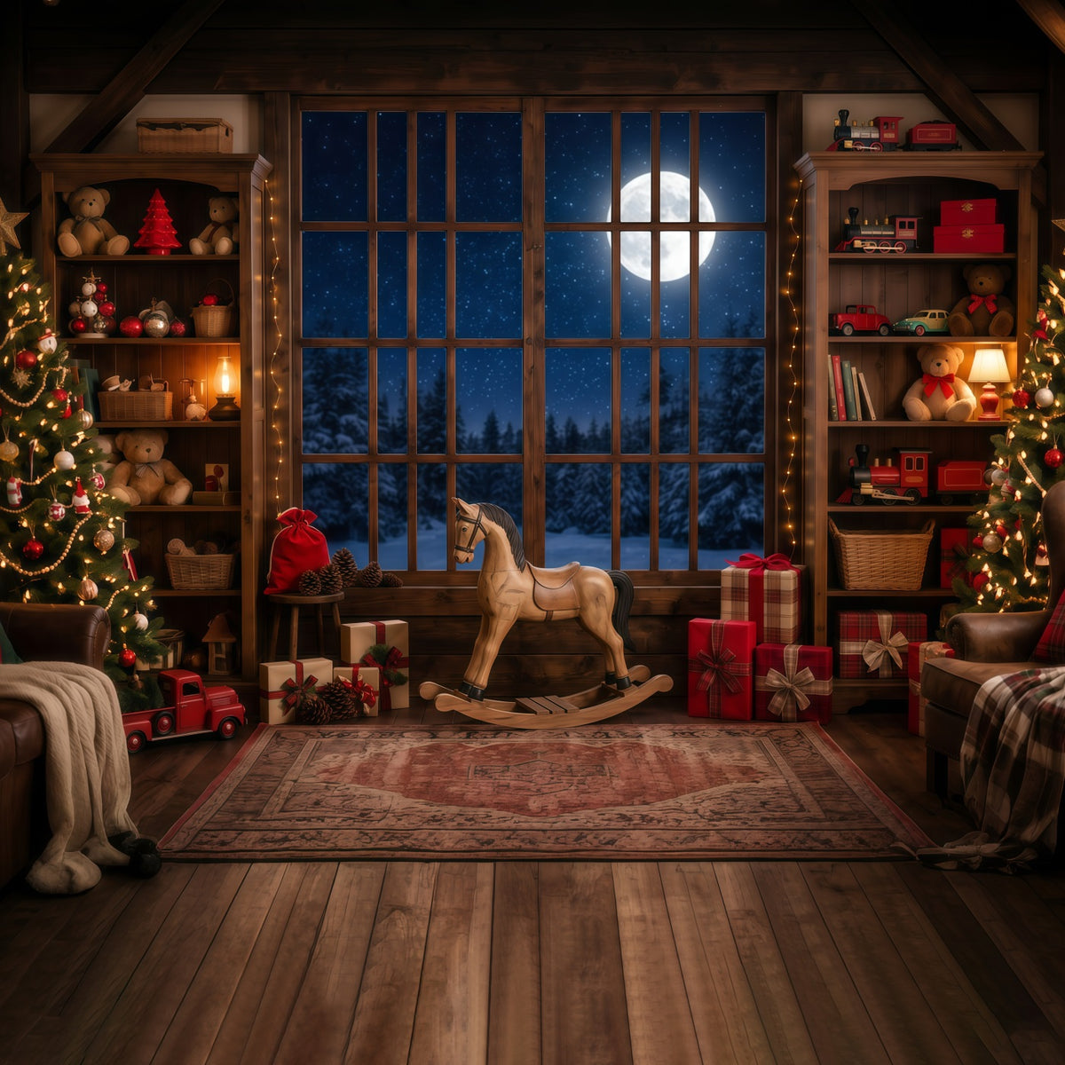 Santa Workshop Backdrop Moonlit Toyroom Window Display Xmas Backdrops Photography RR610-148