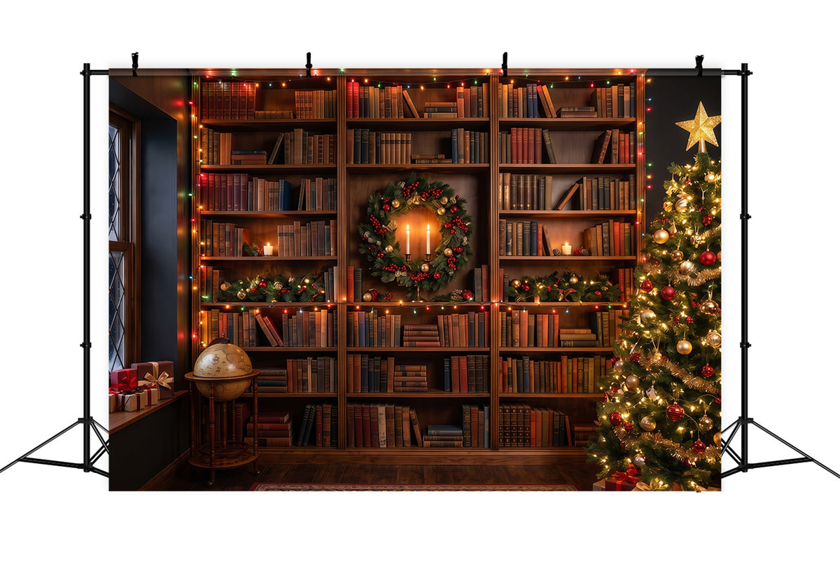 Victorian Christmas Backdrops Festive Library Bookshelf Glow Christmas Holiday Backdrops RR610-149
