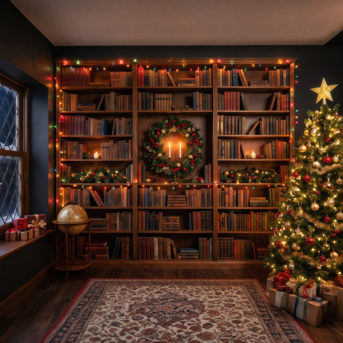 Victorian Christmas Backdrops Festive Library Bookshelf Glow Christmas Holiday Backdrops RR610-149