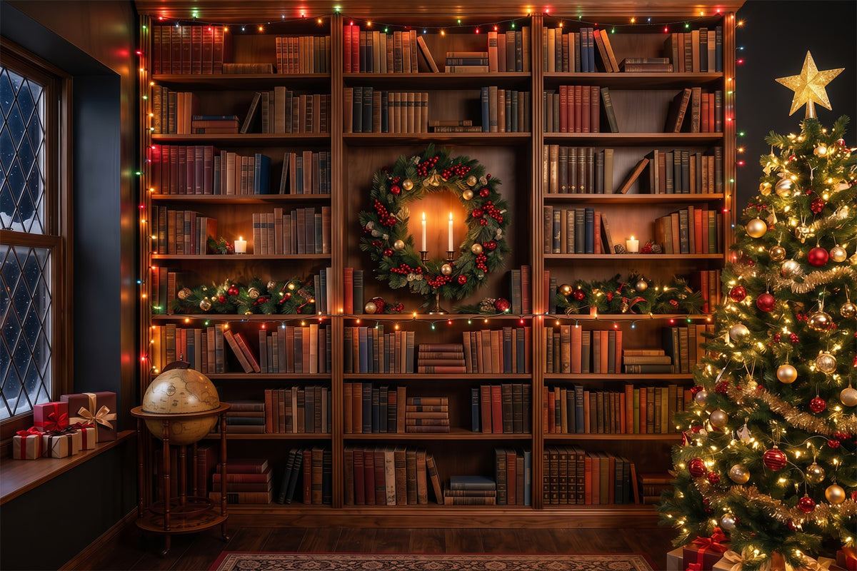 Victorian Christmas Backdrops Festive Library Bookshelf Glow Christmas Holiday Backdrops RR610-149