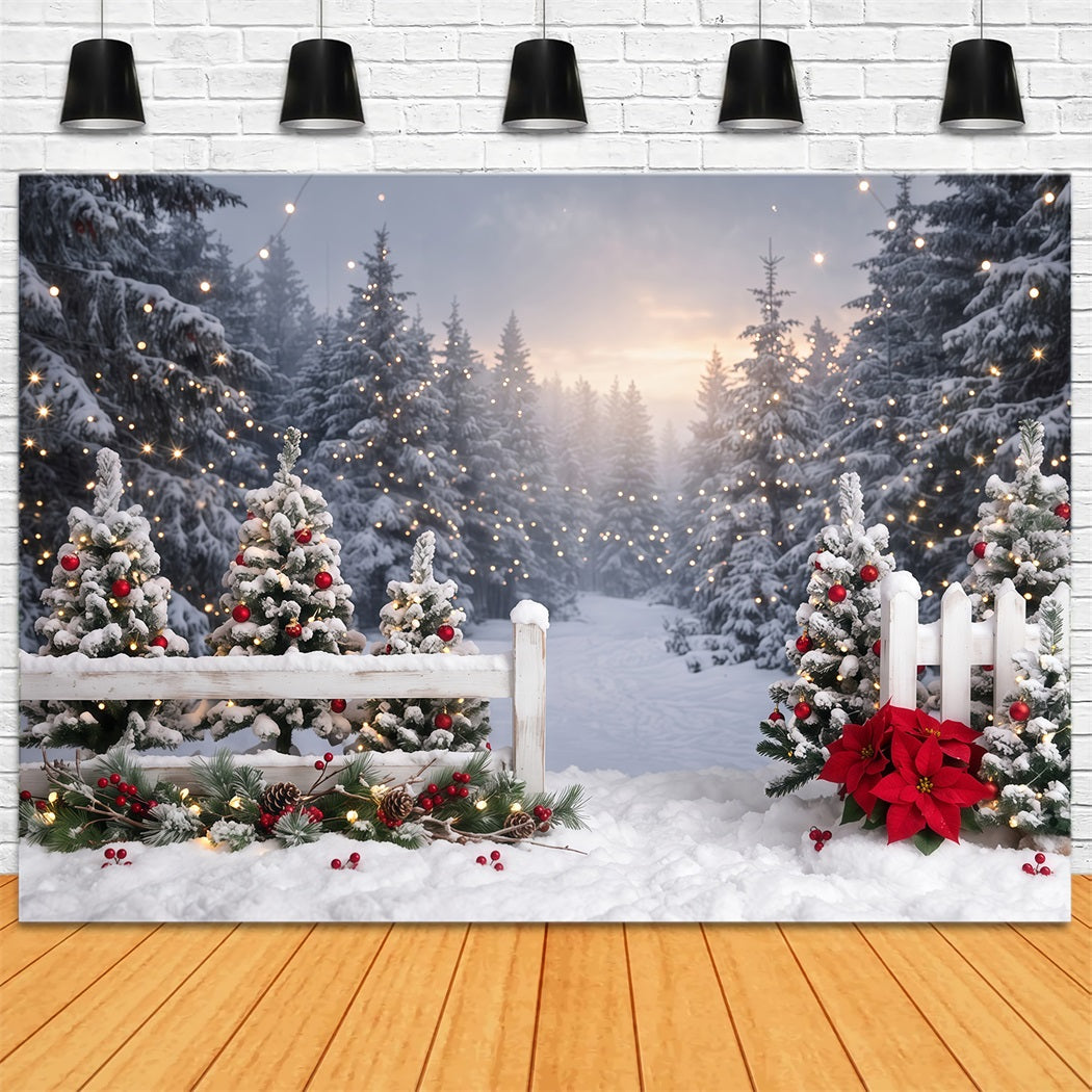 Christmas Tree Forest Backdrop Snowy Fence Poinsettia Path Xmas Backdrop for Photos RR610-150