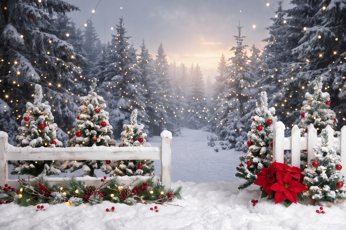 Christmas Tree Forest Backdrop Snowy Fence Poinsettia Path Xmas Backdrop for Photos RR610-150