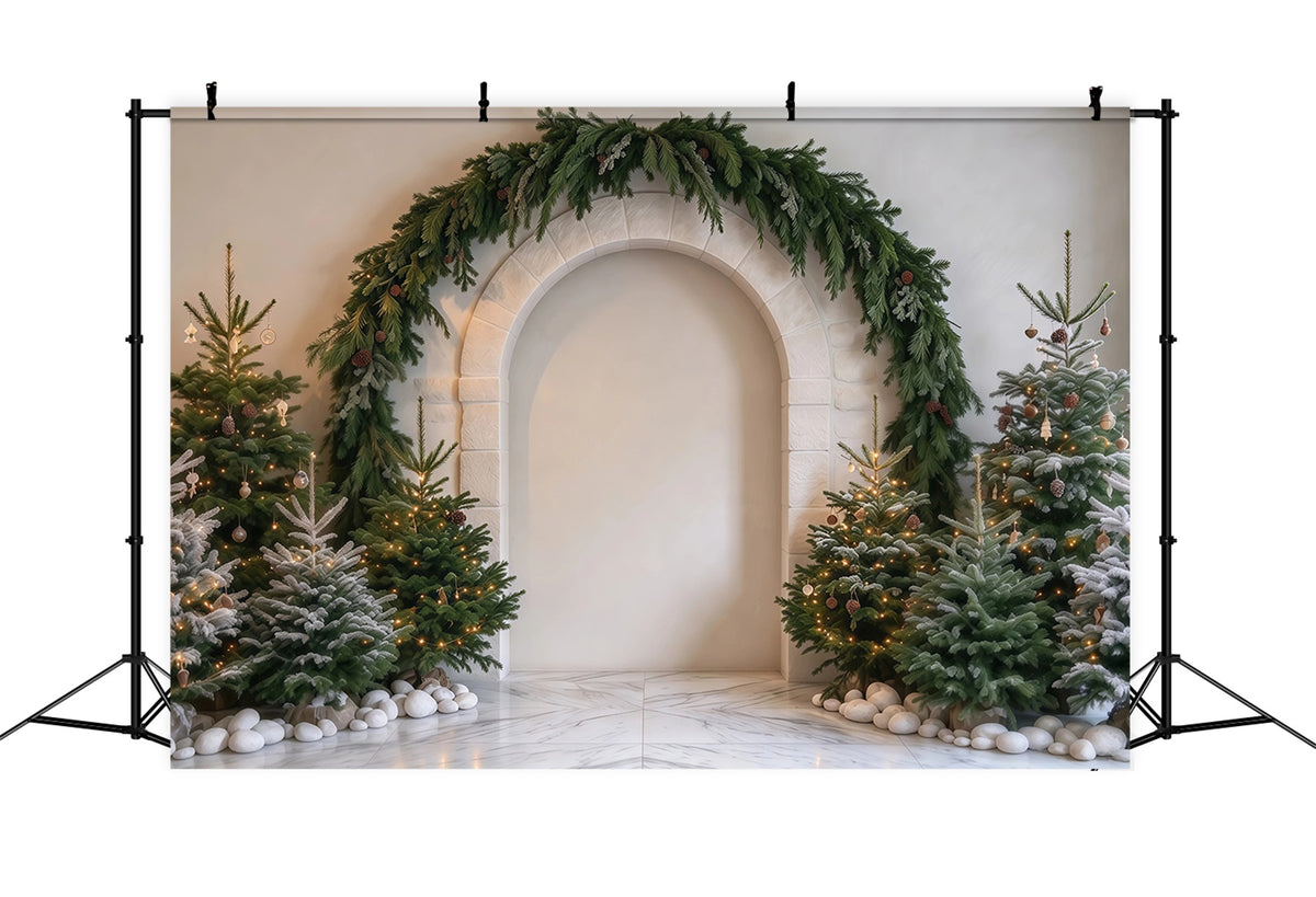 Photography Christmas Tree Backdrop Evergreen Garland Stone Arch Xmas Photo Backdrop RR610-151