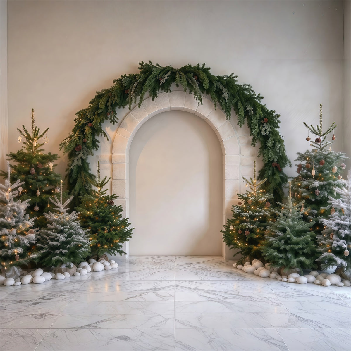 Photography Christmas Tree Backdrop Evergreen Garland Stone Arch Xmas Photo Backdrop RR610-151