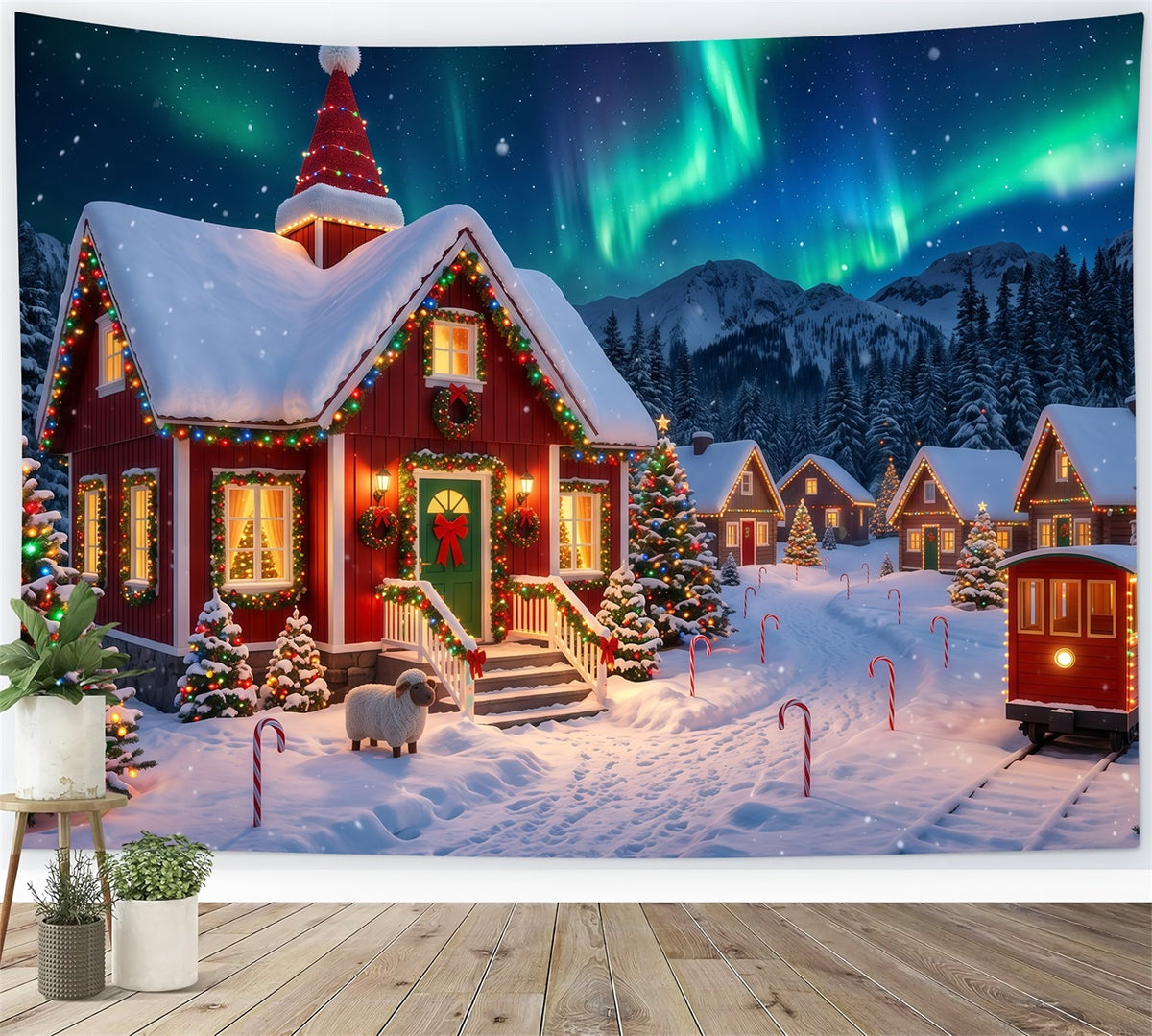 Christmas Elf Backdrop Aurora Snowy Village Lights Christmas Photos Backdrop RR610-153