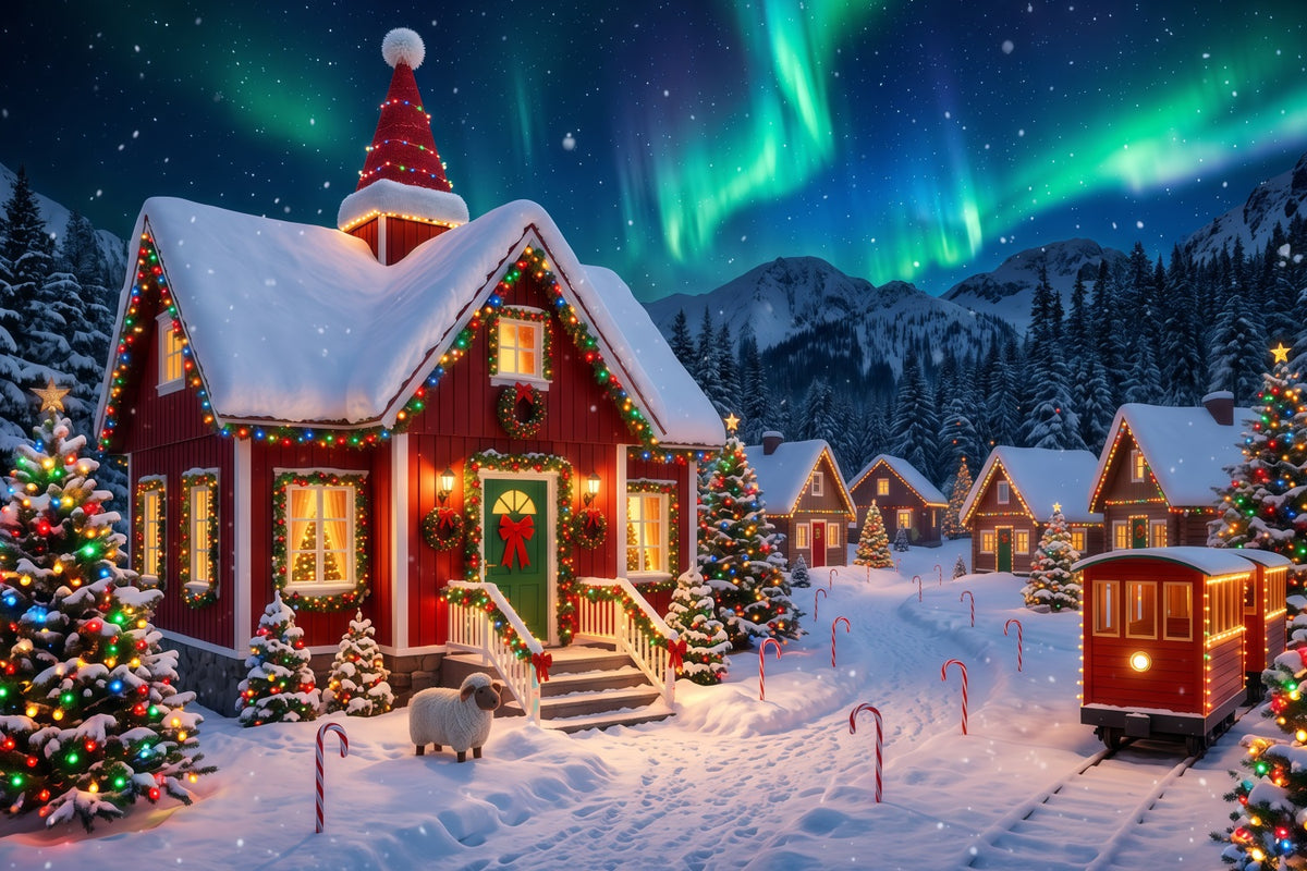 Christmas Elf Backdrop Aurora Snowy Village Lights Christmas Photos Backdrop RR610-153