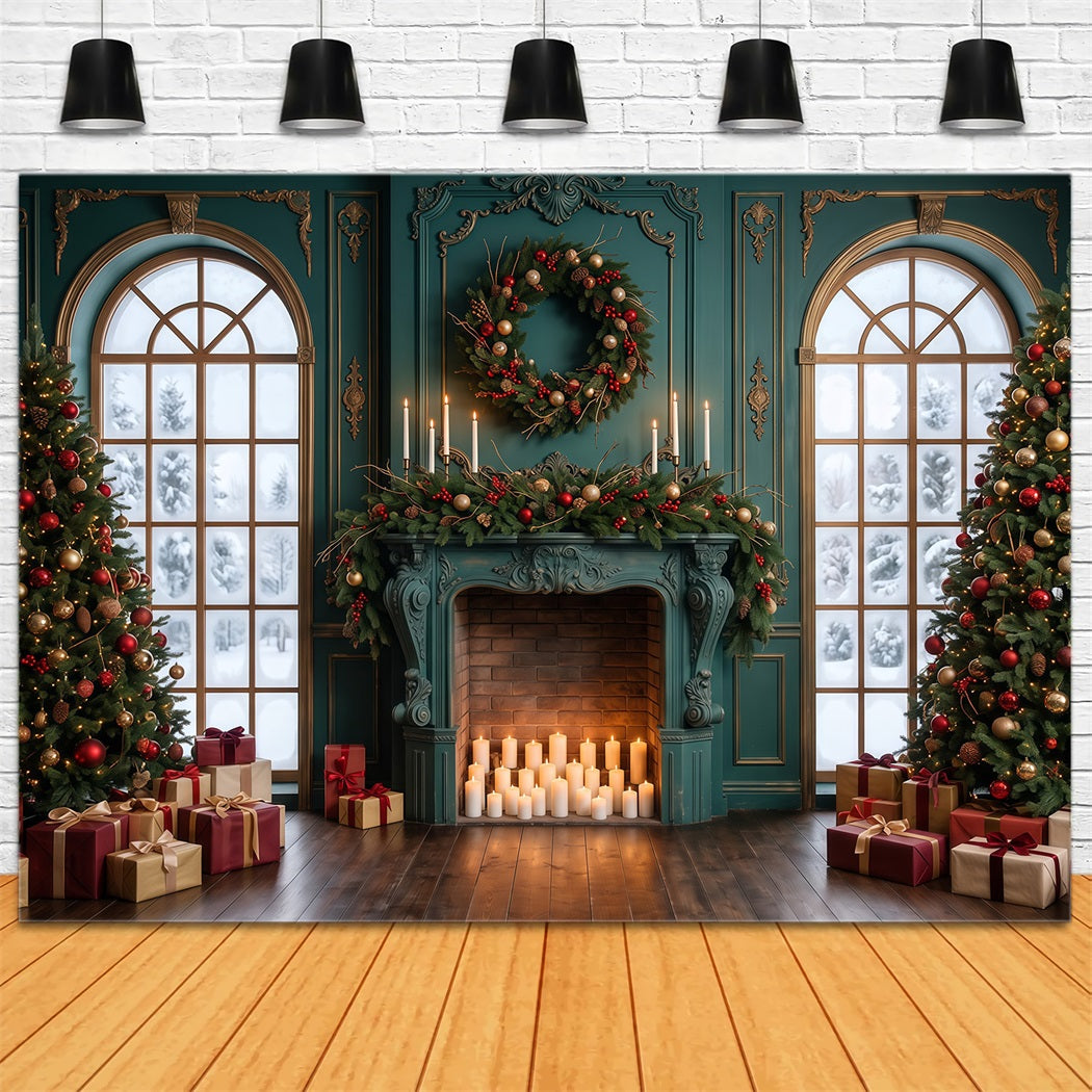 Living Room Christmas Backdrop Emerald Mantel Candlelight Christmas Card Backdrops RR610-154