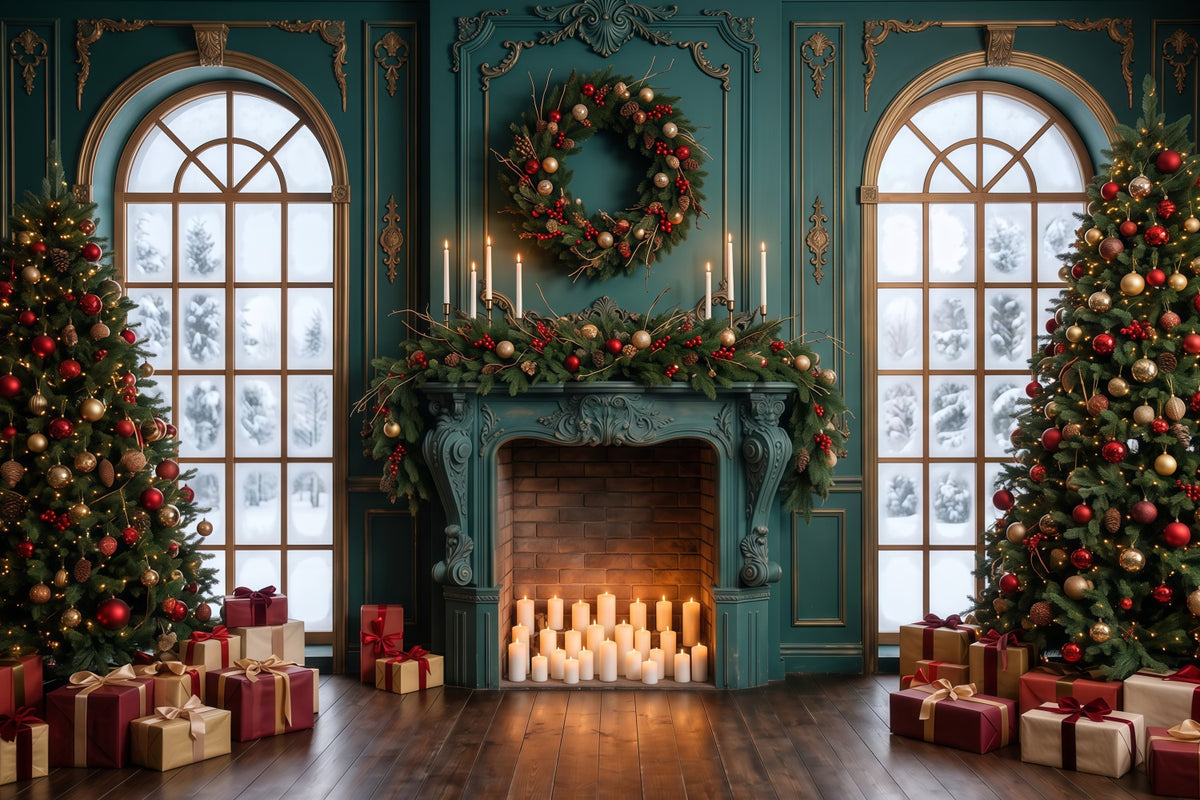 Living Room Christmas Backdrop Emerald Mantel Candlelight Christmas Card Backdrops RR610-154