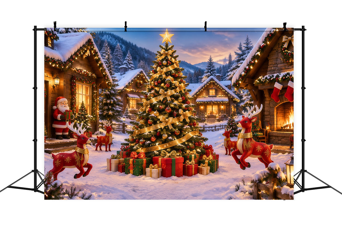 Retro Christmas Backdrop Golden Ribbon Snowy Village Reindeer Photo Backdrop RR610-156