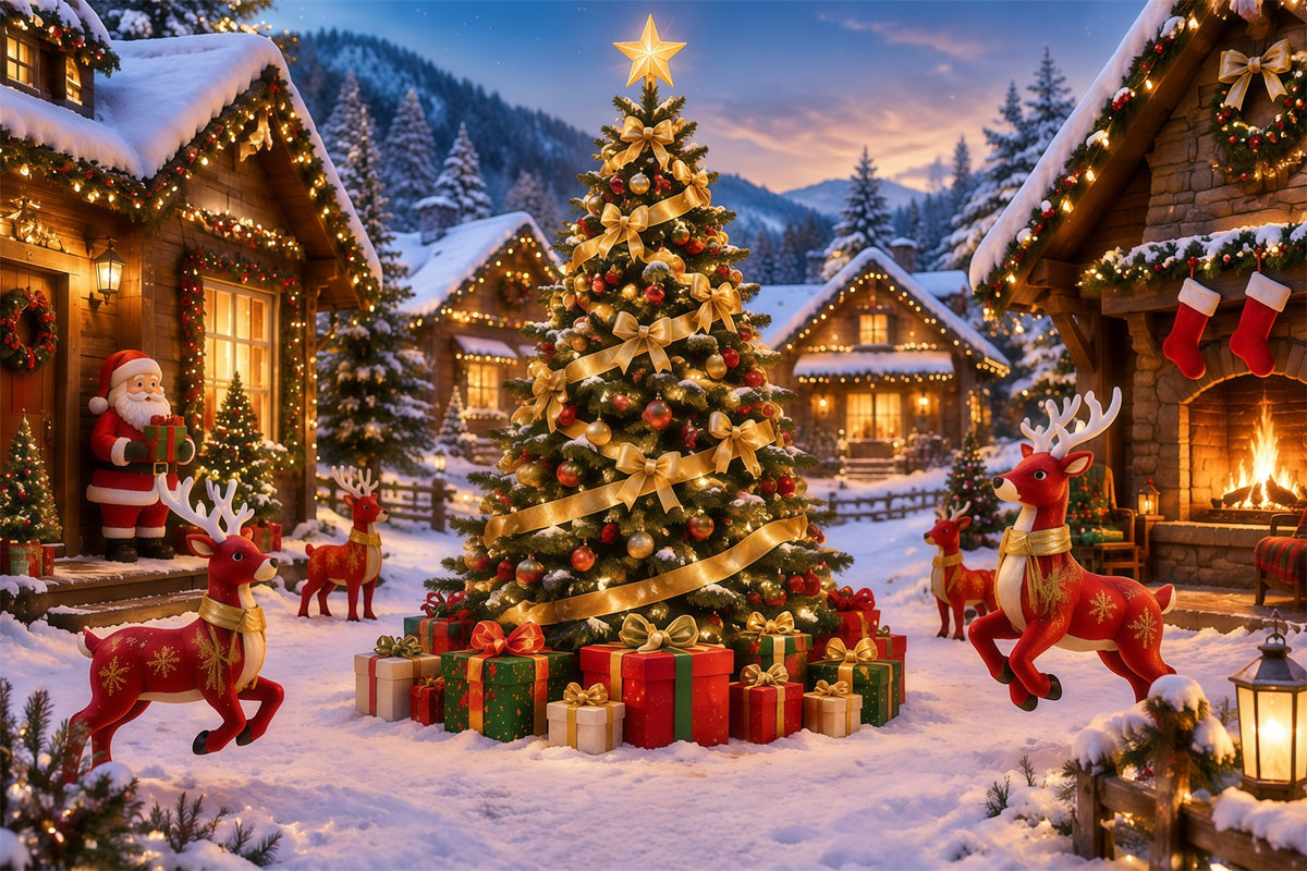 Retro Christmas Backdrop Golden Ribbon Snowy Village Reindeer Photo Backdrop RR610-156