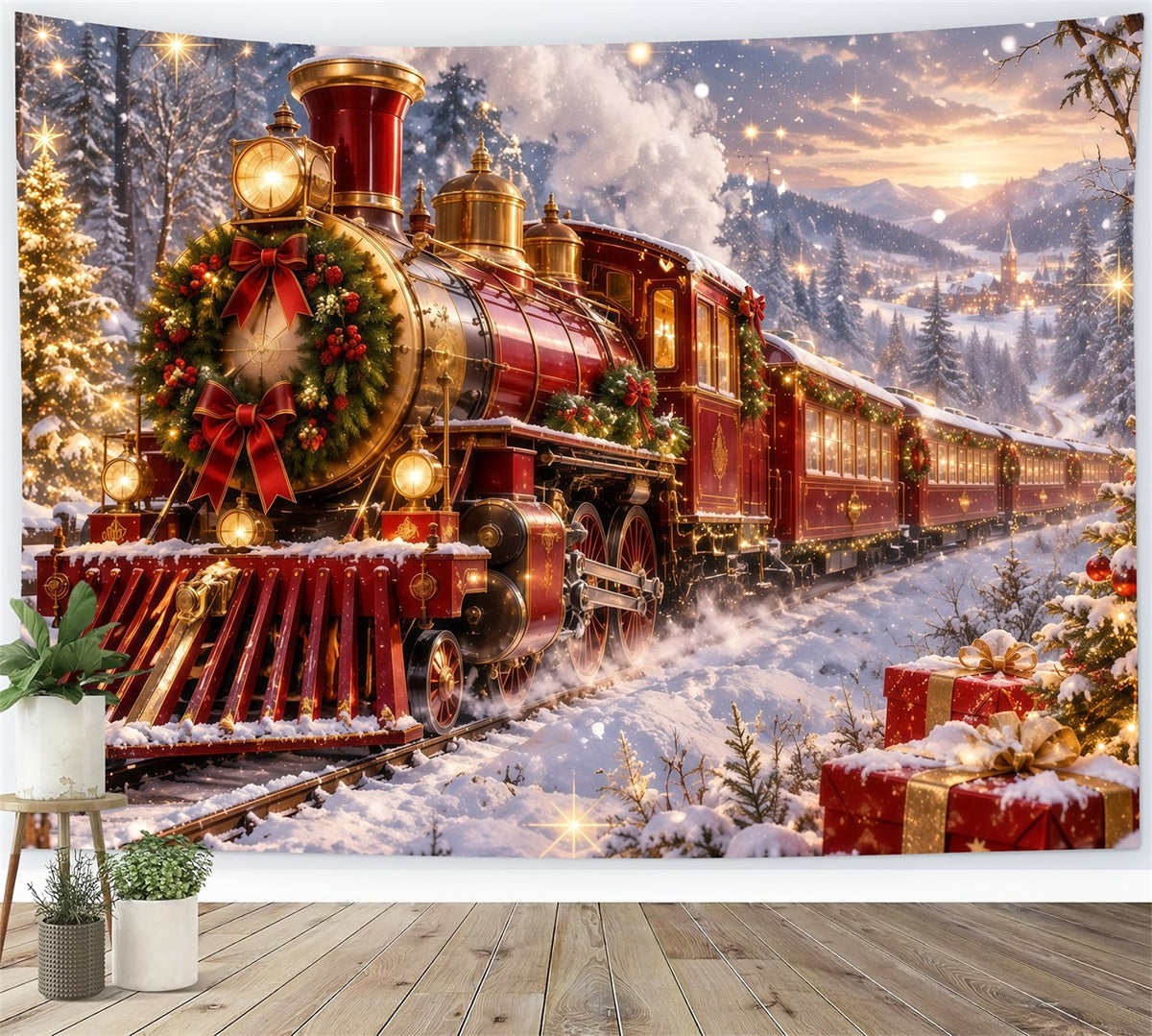 Professional Christmas Backdrop Festive Red Steam Train Christmas Village Backdrop RR610-158
