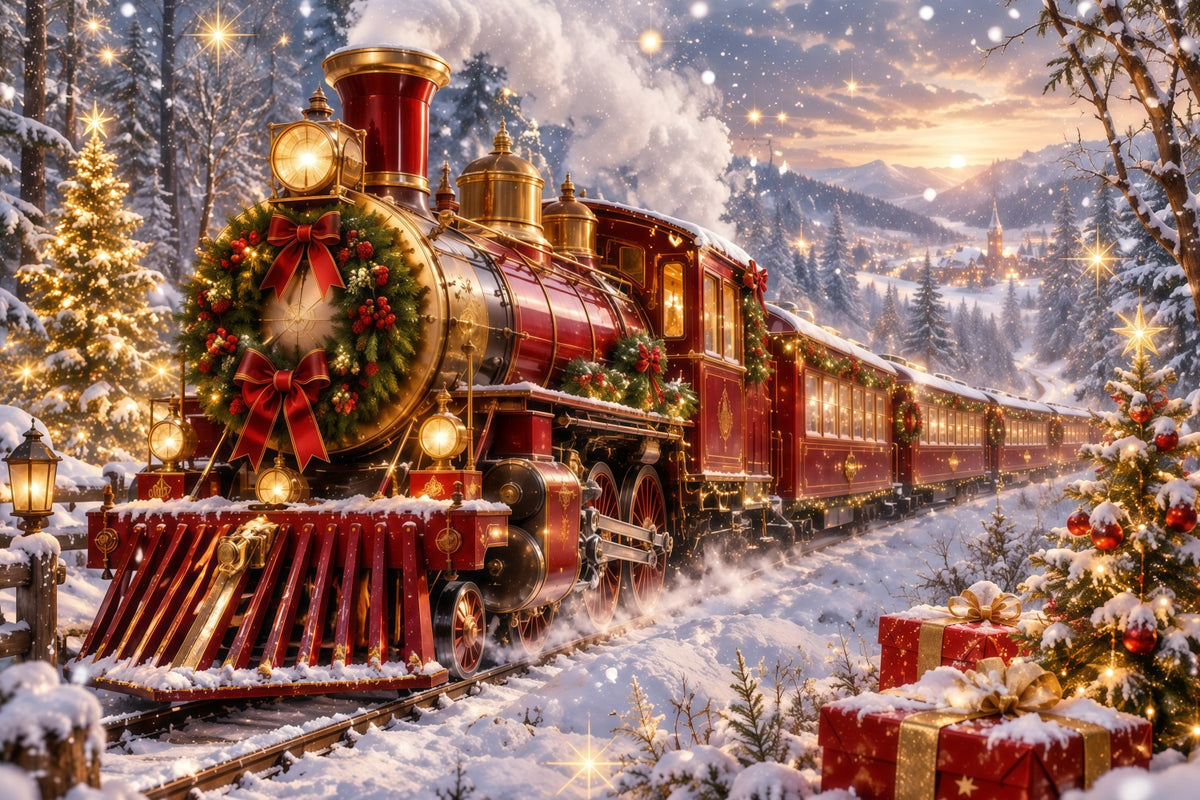 Professional Christmas Backdrop Festive Red Steam Train Christmas Village Backdrop RR610-158