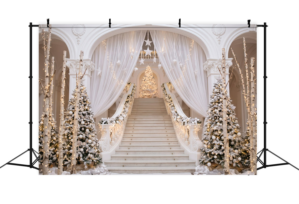 White Christmas Backdrop Elegant White Staircase Christmas Backdrops 10x10 RR610-16