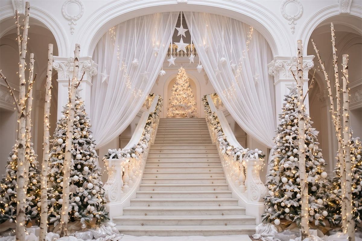 White Christmas Backdrop Elegant White Staircase Christmas Backdrops 10x10 RR610-16