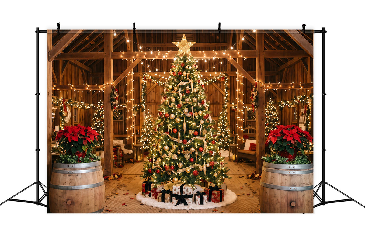 Christmas Lights Photo Backdrop Rustic Barn Tree Display Christmas Backdrop Pictures RR610-160