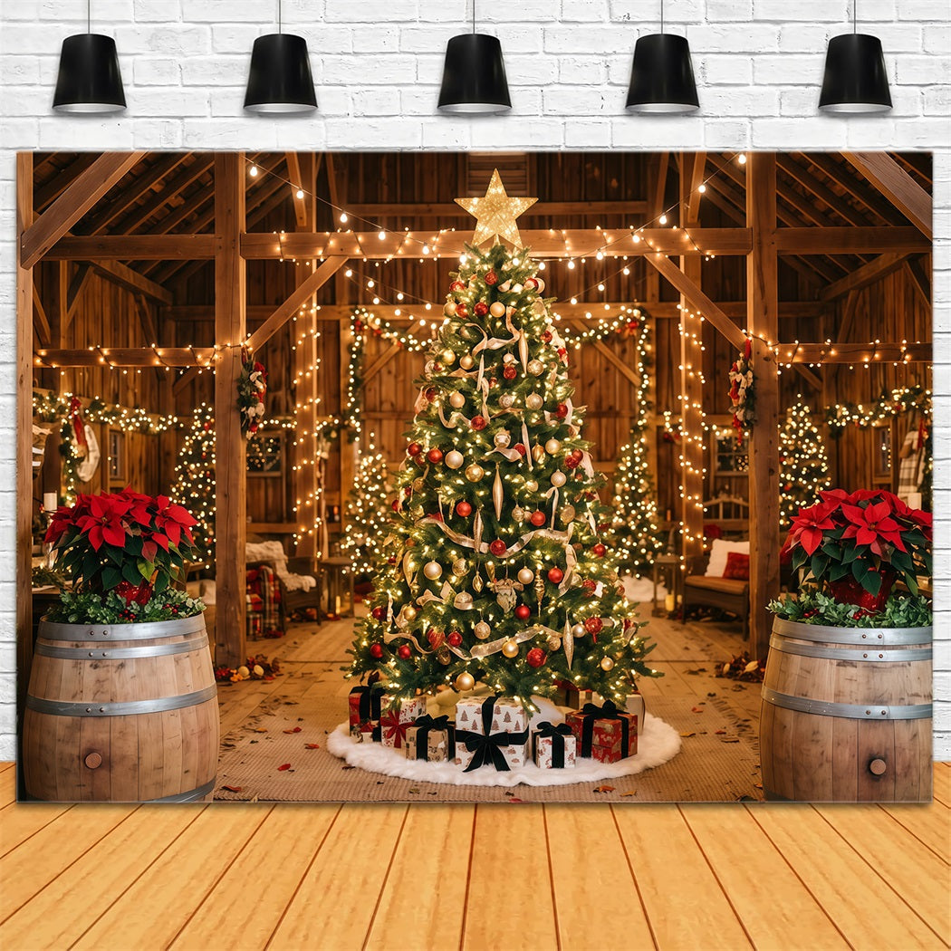 Christmas Lights Photo Backdrop Rustic Barn Tree Display Christmas Backdrop Pictures RR610-160