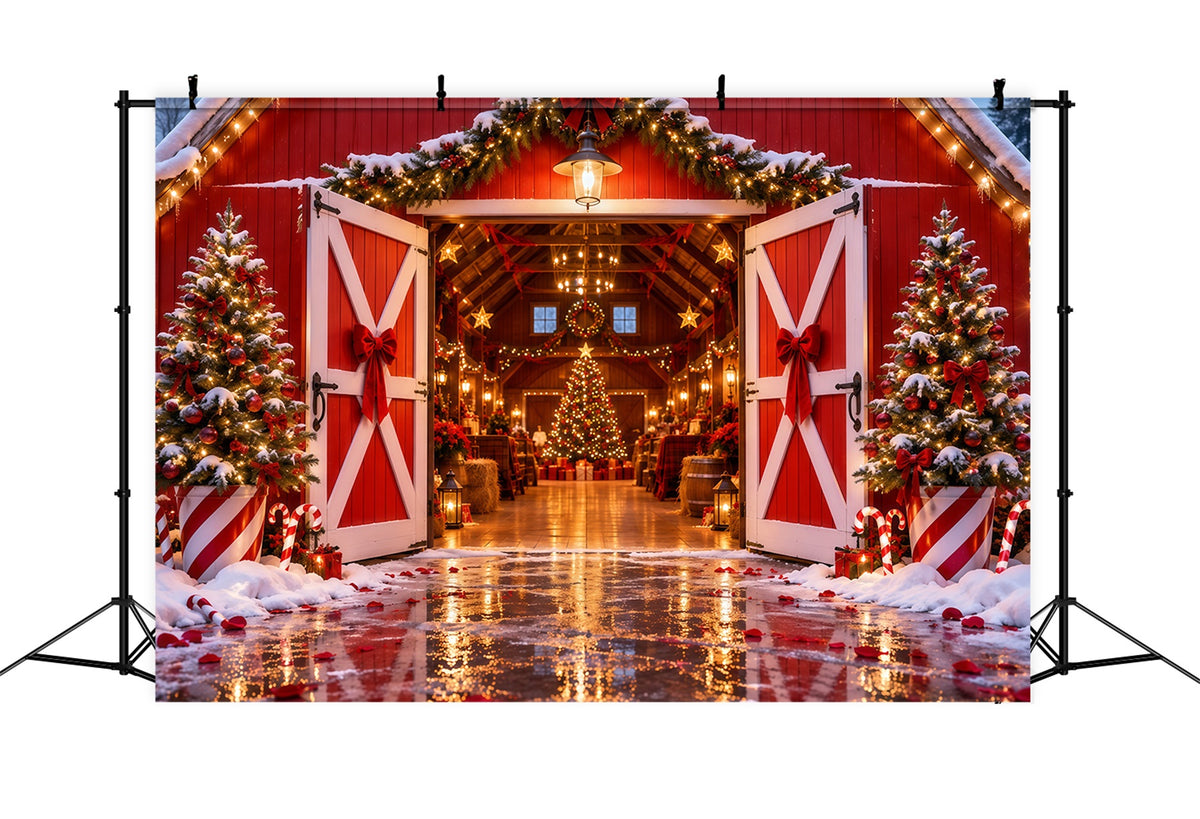Christmas Tree Farm Backdrop Festive Red Barn Entrance Christmas Studio Backdrops RR610-163