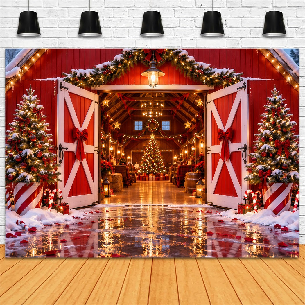 Christmas Tree Farm Backdrop Festive Red Barn Entrance Christmas Studio Backdrops RR610-163
