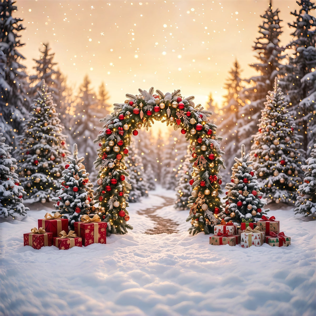 Christmas Backdrop Arch Snowy Evergreen Wreath Arch Christmas Pictures Backdrop RR610-165
