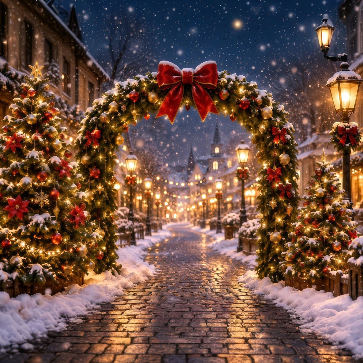 Christmas Lights Photo Backdrop Glowing Village Archway Christmas Photo Wall Backdrop RR610-166