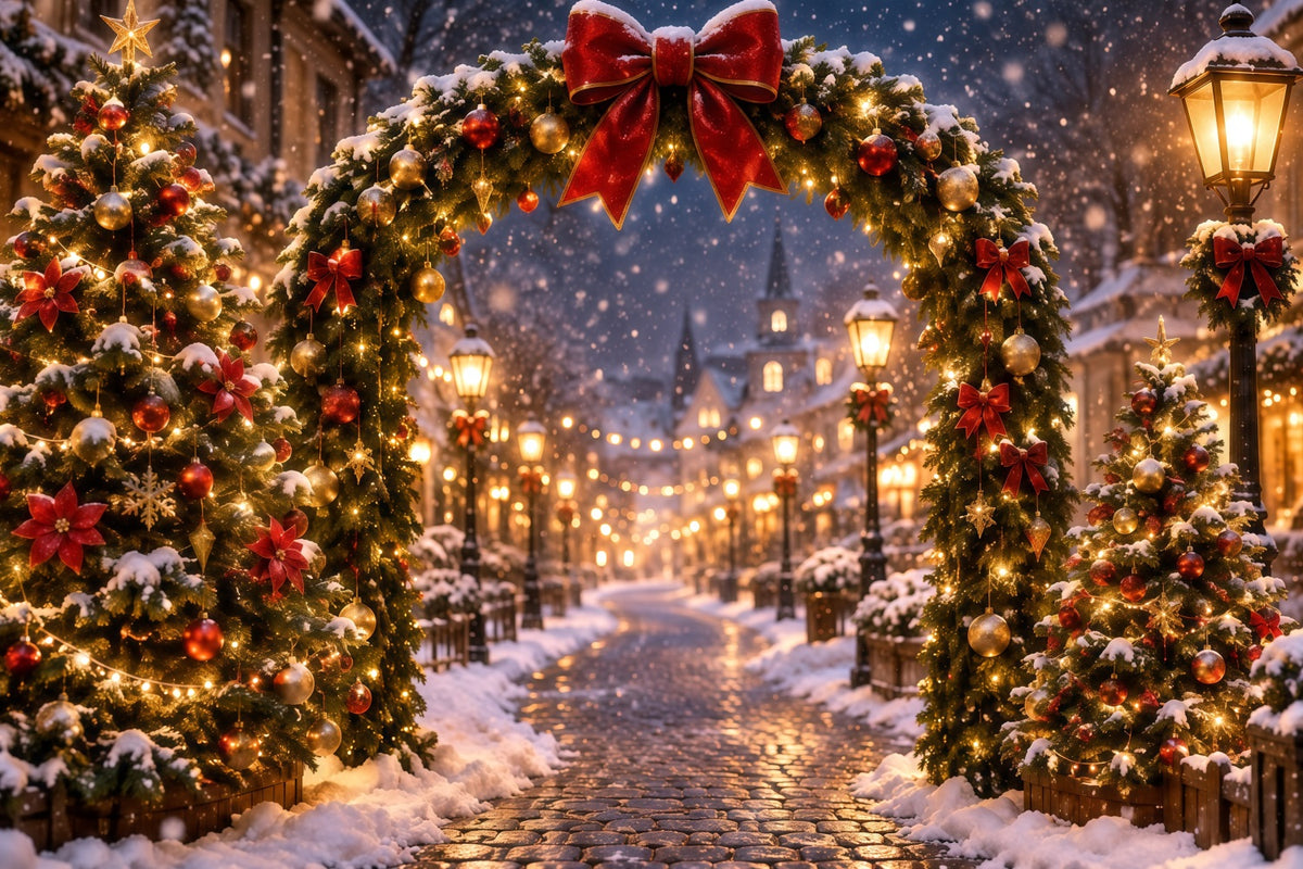 Christmas Lights Photo Backdrop Glowing Village Archway Christmas Photo Wall Backdrop RR610-166