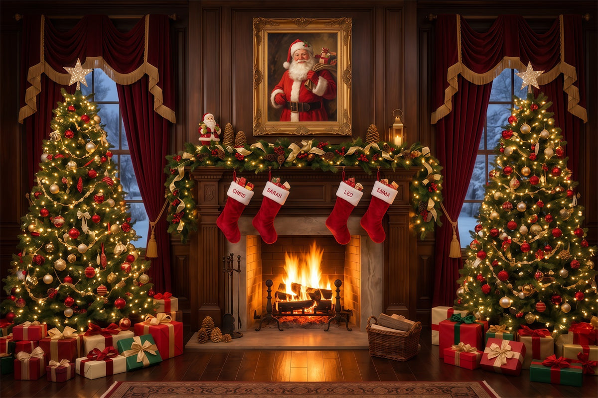 Santa Photo Backdrop Vintage Fireplace Stocking Display Christmas Backdrops for Sale RR610-170