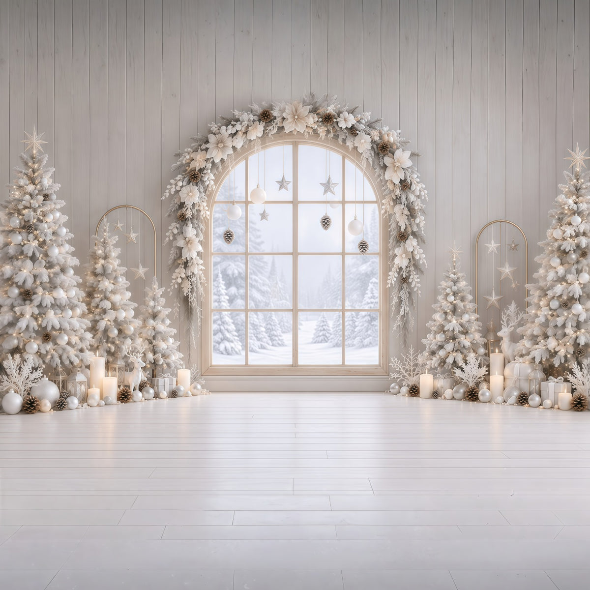 Christmas Window Backdrops Frosted White Floral Arch Christmas Backdrop Wall RR610-171