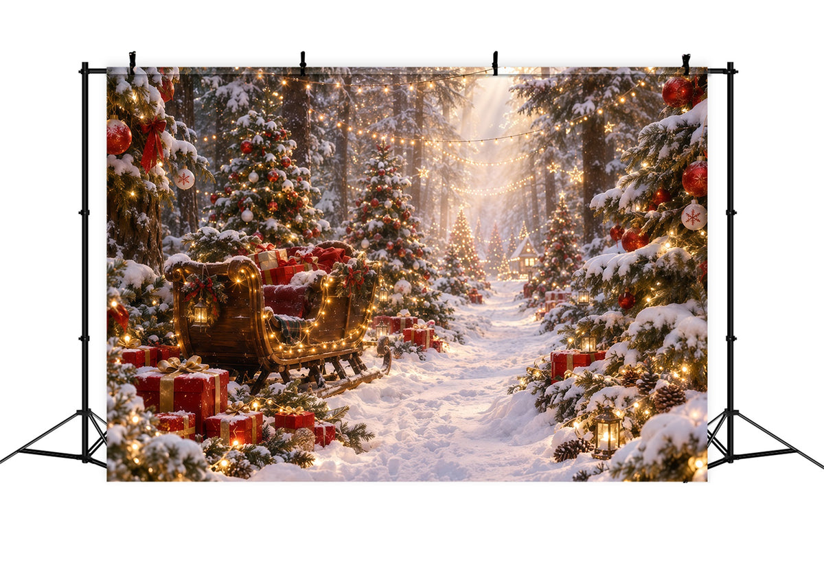 Christmas Tree Backdrops Glowing Sleigh Snowy Forest Christmas Backdrop for Stage RR610-172