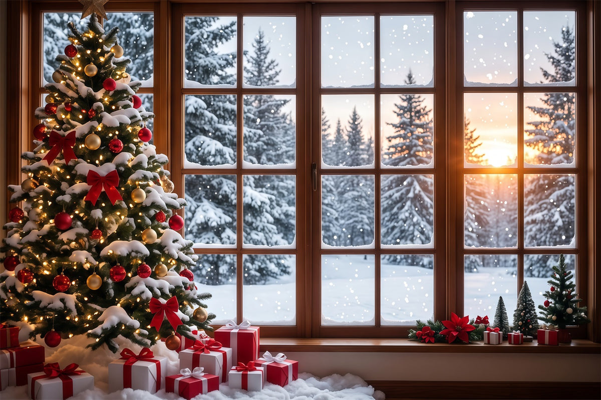 Christmas Forest Backdrop Snowy Window Tree Display Christmas Backdrop for Photo RR610-174