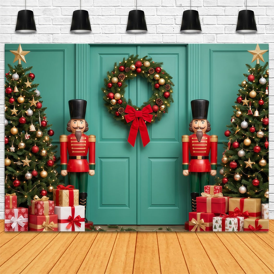 Christmas Backdrop Bow Wreath Teal Door Nutcracker Ballet Backdrop RR610-177