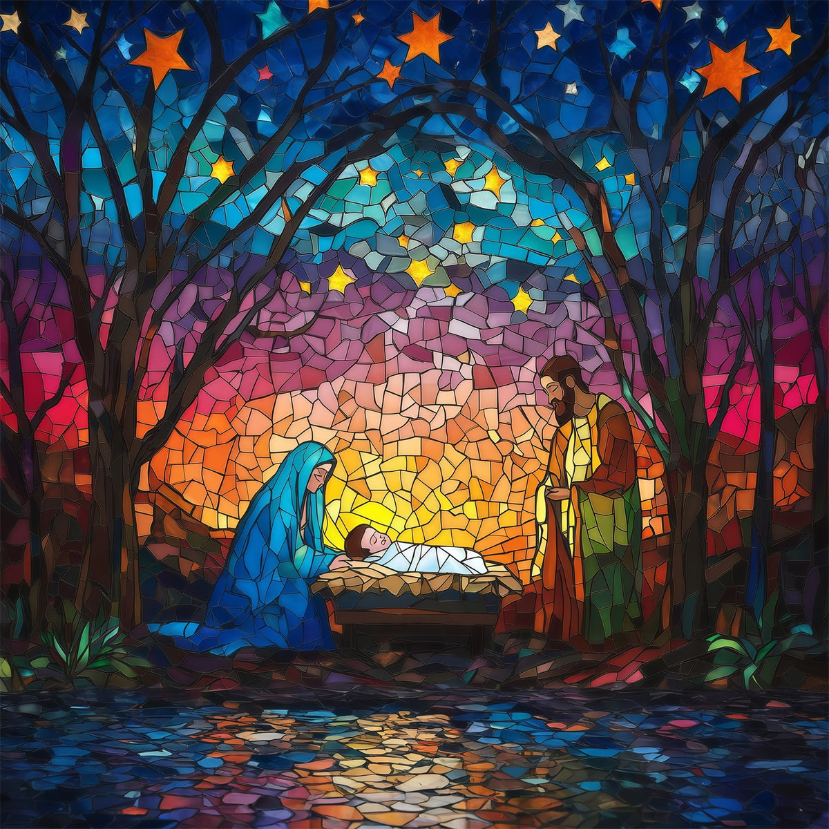 Nativity Scene Backdrop Stained Glass Starry Artwork Christmas Backdrop Sale RR610-178