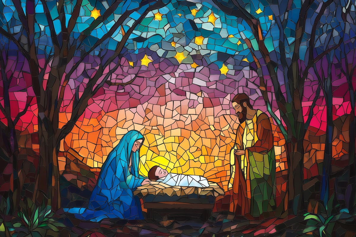 Nativity Scene Backdrop Stained Glass Starry Artwork Christmas Backdrop Sale RR610-178