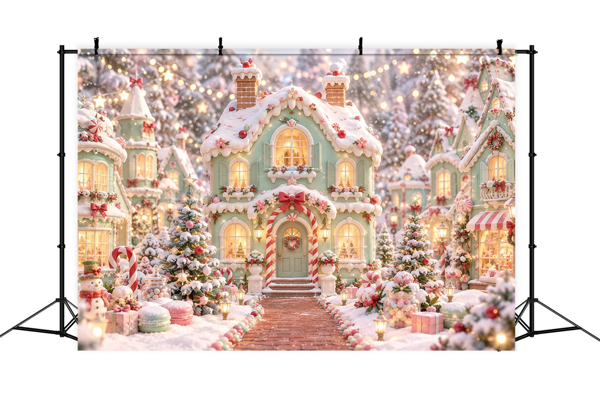 Gingerbread House Photo Backdrop Pastel Candy Snowy Village Christmas Party Backdrop Ideas RR610-179