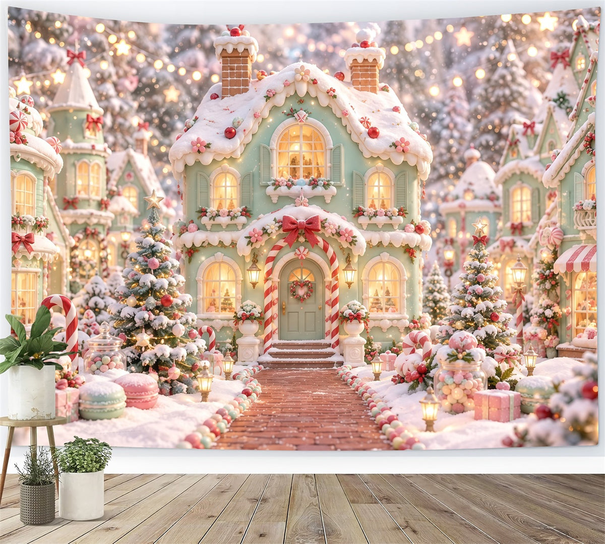 Gingerbread House Photo Backdrop Pastel Candy Snowy Village Christmas Party Backdrop Ideas RR610-179