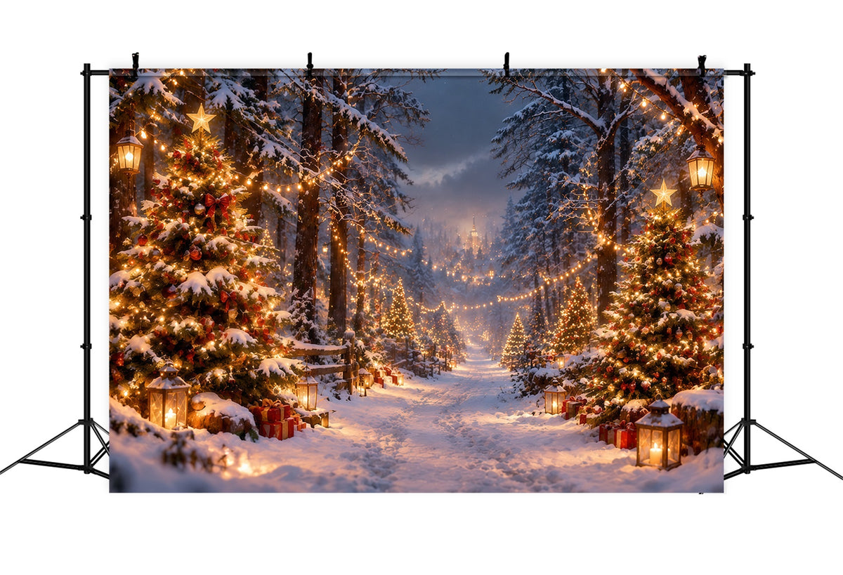 Christmas Tree Farm Photo Backdrop Snowy Glowing Forest Path Photography Backdrop Christmas RR610-181