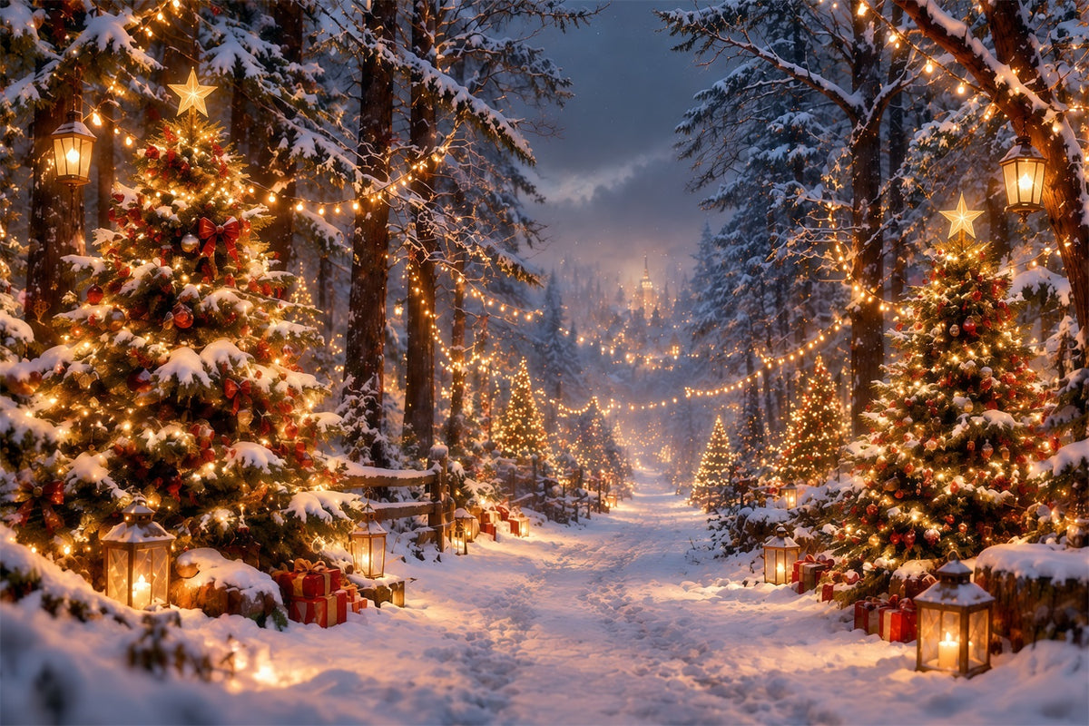 Christmas Tree Farm Photo Backdrop Snowy Glowing Forest Path Photography Backdrop Christmas RR610-181