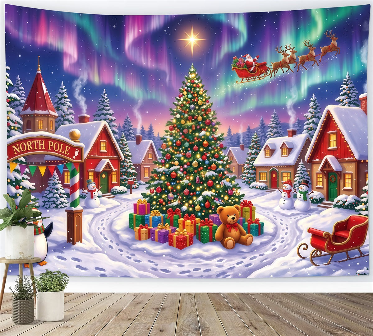 Santa Backdrops Photography Snowy Aurora North Pole Santa Village Backdrop RR610-22