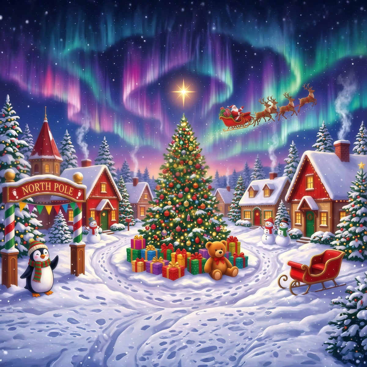 Santa Backdrops Photography Snowy Aurora North Pole Santa Village Backdrop RR610-22
