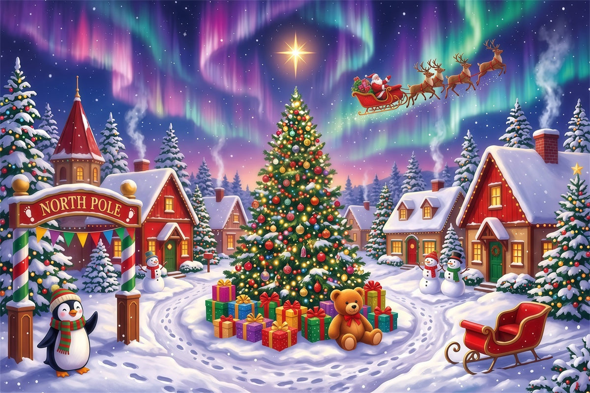 Santa Backdrops Photography Snowy Aurora North Pole Santa Village Backdrop RR610-22