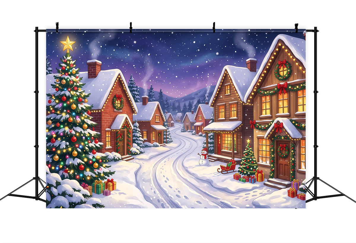 Backdrops For Christmas Village Snowy House Lighted Street 10x8 Christmas Backdrop RR610-24