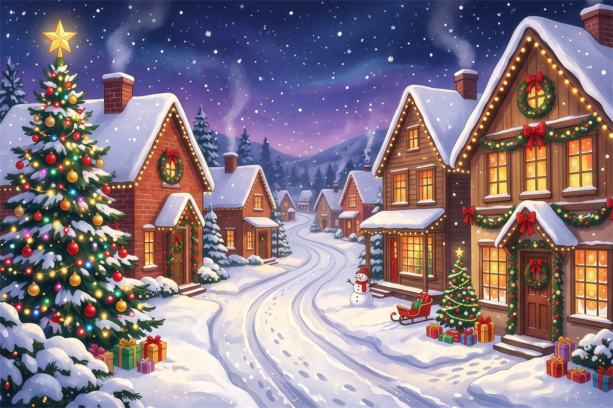 Backdrops For Christmas Village Snowy House Lighted Street 10x8 Christmas Backdrop RR610-24